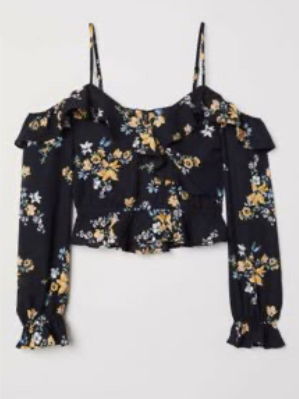 H & M Floral Ruffle Off-Shoulder Crop Top - Black